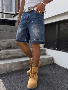 American Cross Rhinestone Denim Shorts, Deep Blue Washed Edge Loose Fit, Unisex Street Style, Breathable Summer Pants, Party Essential
