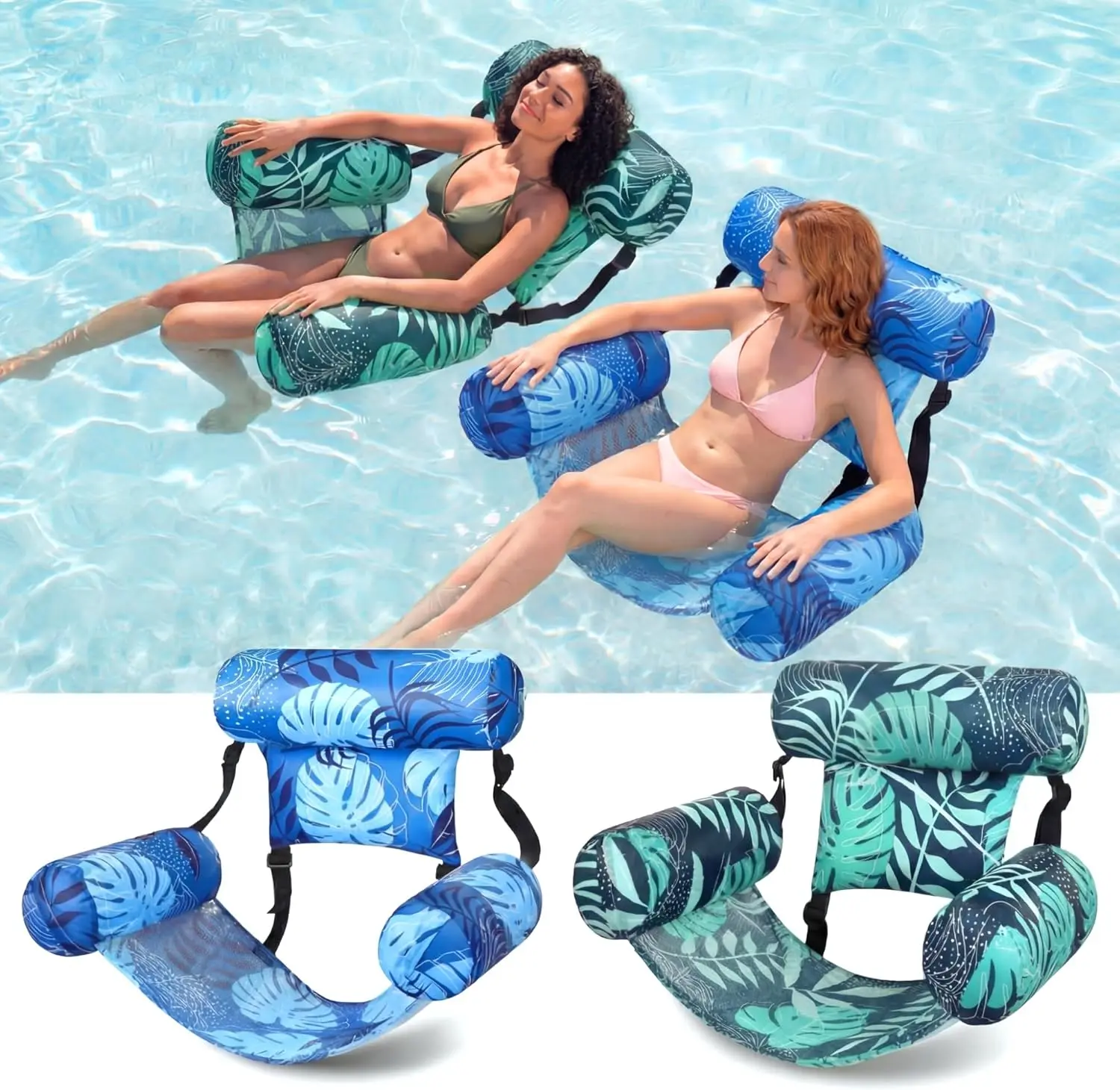 2 Pack Inflatable Pool Float Chairs Adults Portable Heavy Duty Swimming Pool Lounge Adjustable Blow up Water Floating Hammock Raft for Summer Beach Lake Party(Tropical,Blue,Dark Green)