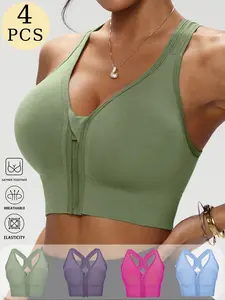 4pcs Women's Sports Bra Set, Front Zipper Design, Removable Pads, X-Back Seamless, Breathable Comfort, High Impact Support, Casual Style，SummerFashion