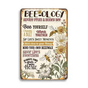 Vintage Bee Flower Letter Pattern Tin Sign, 1 Count Retro Home Decor Metal Plaque, Wall Decor For Home, Office, Garage & Shops