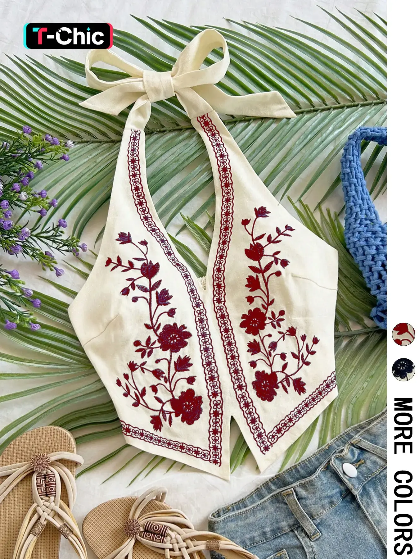 Vacation Style Embroidered Floral Halter Neck Tank Top, Boho Sleeveless Backless Slim-Fitting V Neck Crop Top for Dates, Beach, and Music Festivals, Cropped Sleeveless Vest