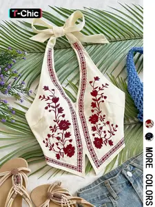 Vacation Style Embroidered Halter Neck Tank Top, Slim-Fitting V Neck Crop Top for Dates, Beach, and Music Festivals