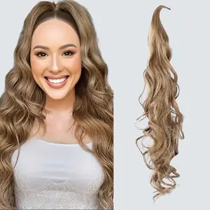 TwiceBeauty Ponytail Extension 32 Inch Flexible Wrap Around Ponytail Hair Extensions Long Curly Synthetic Ponytail Wavy Pretty Hair Ponytails Hairpieces for Women Daily Use Light Brown Mixed Ash Blonde
