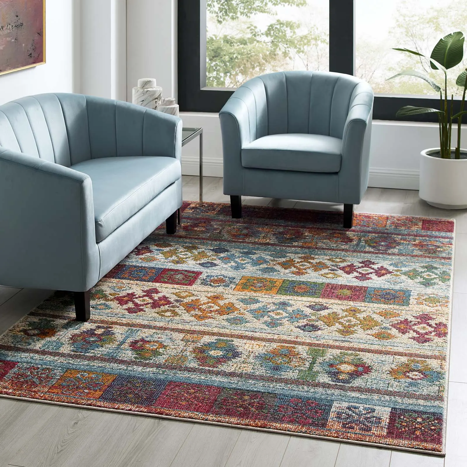 Modway Tribute Nala Home Decor Rug - Distressed Vintage Floral Lattice, 5x8 Multicolored Floral Area Rug, Floral Rugs