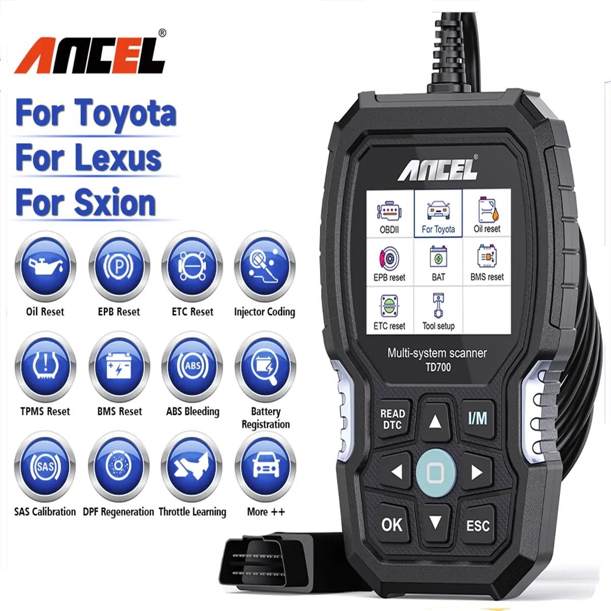 ANCEL TD700 OBD2 All-System Code Reader Vehicle Scanner, Automotive Diagnostic Tool for Toyota, Lexus, Scion (Prius, Tacoma, Camry, Corolla, Tundra) - Vehicle Accessories with Transmission Fluid Temperature, TPMS Relearn, ABS Functions