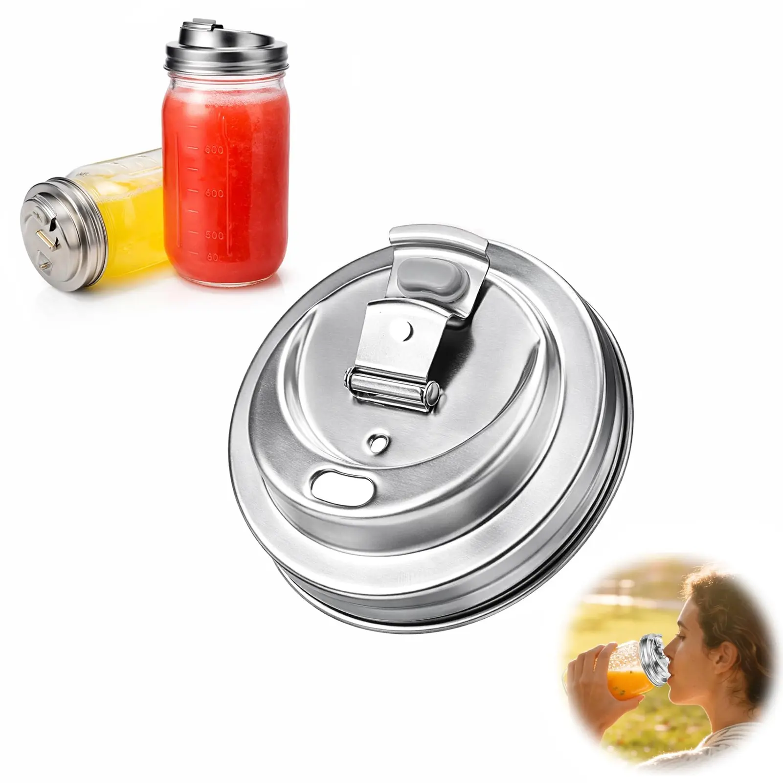 Mason Jar Drinking Lids, Wide Mouth Stainless Steel Sip Lids for Iced Coffee, Smoothies & Cold Drinks, Leak Resistant Reusable Mason Jar Drink Lid, Heavy Duty Metal, Leak Proof Lids, Drink Cover, Sipping Lid, Leakproof Lid