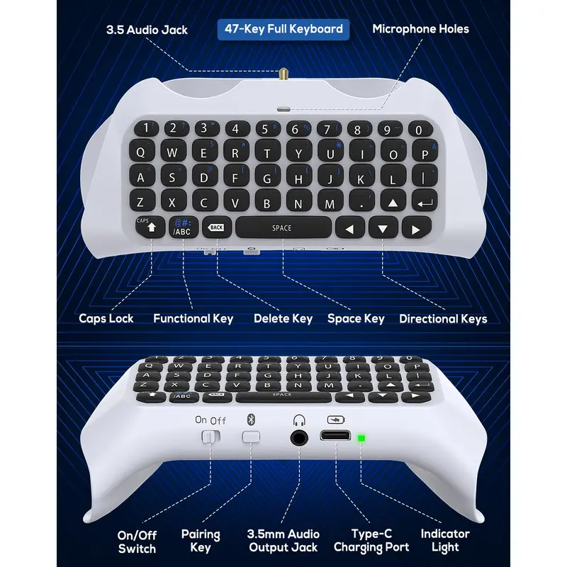 MENEEA Ergonomic Plastic Wireless Video Game Controller Full Game Keyboard for PS5 - Bluetooth 3.0 Mini Size, Built-in Speaker, 3.5MM Audio Jack, Separate Charging for Voice Chat, No Additional Software Needed, PS5 Accessories