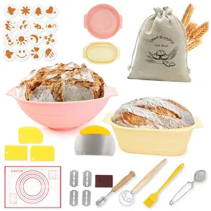 13pcs Silicone Banneton Bread Proofing Basket Baking Supplies,10'' Round Oval Foldable Sourdough Proofing Baskets, Complete Set for Sour Dough Bread Making With Essential Tools, Sourdough Starter Kit