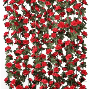 9 Pack 72 FT Artificial Flower Garland, Fake Red Roses Vines Silk Flowers Faux Plastic Outdoor Hanging Floral Ivy Garland Decoration for Wedding Arch Bedroom Home Wall Backdrop Room Decor