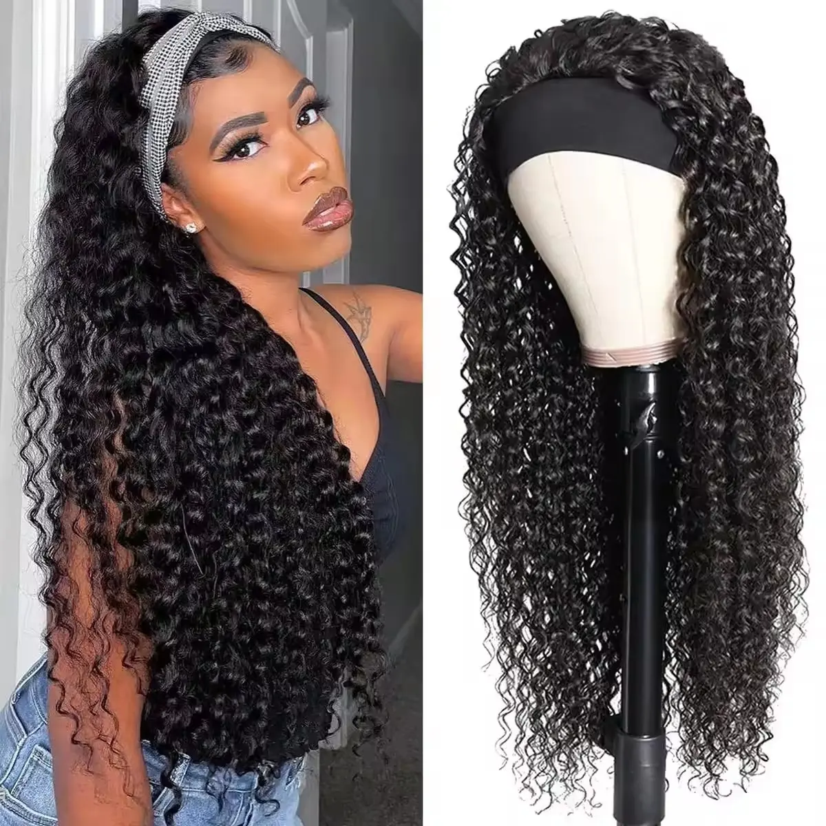 Deep Curly 24 Inch Curly Headband Wig Glueless None Lace Front Wigs for Black Women Kinky Curly Headband Half Wigs Natural Color
