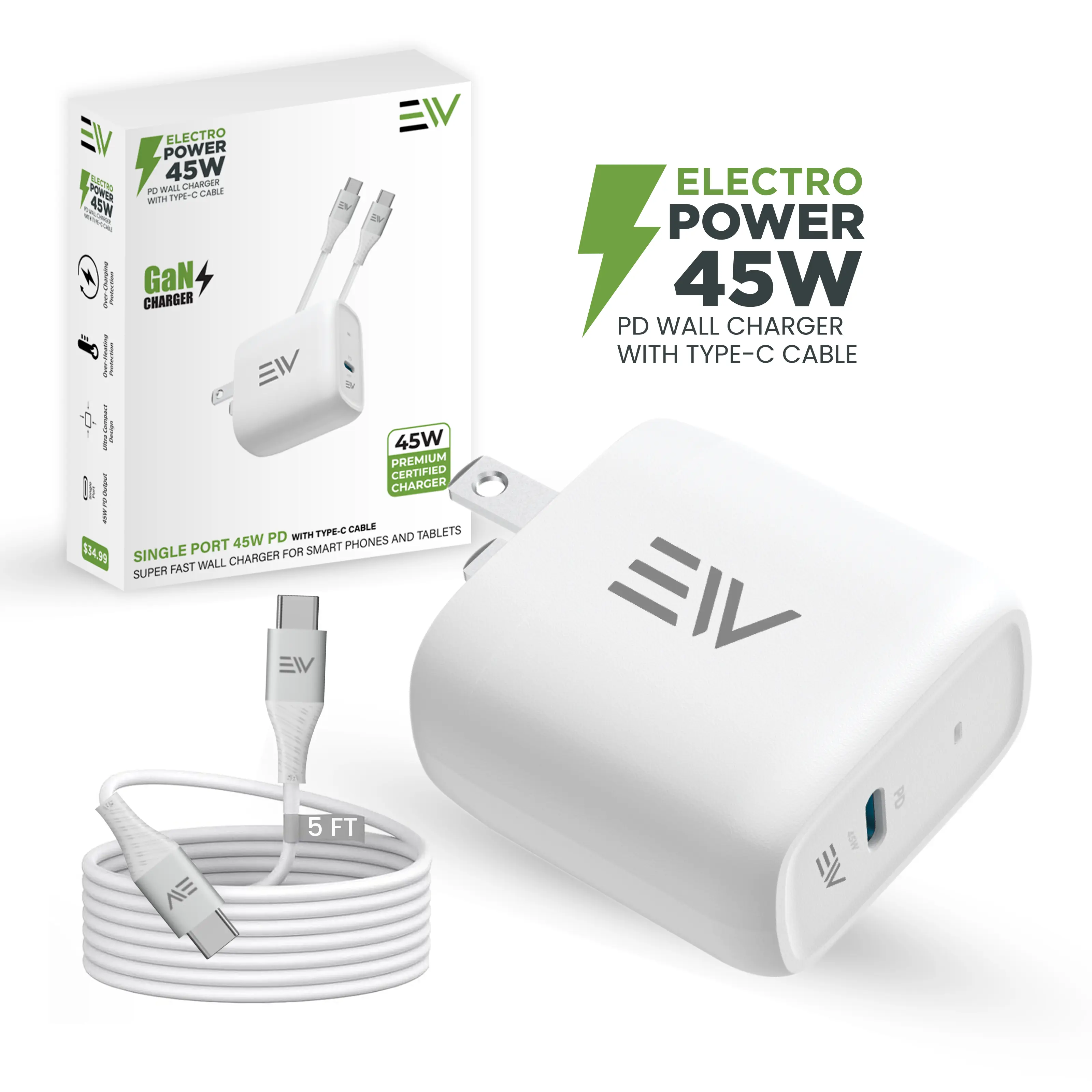 Electronic World 45W USB-C PD Fast Wall Charger with Type-C Cable, UL Certified USB-C Power Adapter for iPhone, Samsung, Tablets & Laptops