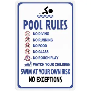 Pool Rules Sign, No Diving No Running No Food No Glass No Rough Play Pool Sign, Easy Mounting Safety Tin Signs for Swimming Pool, 8 x 12 Inches
