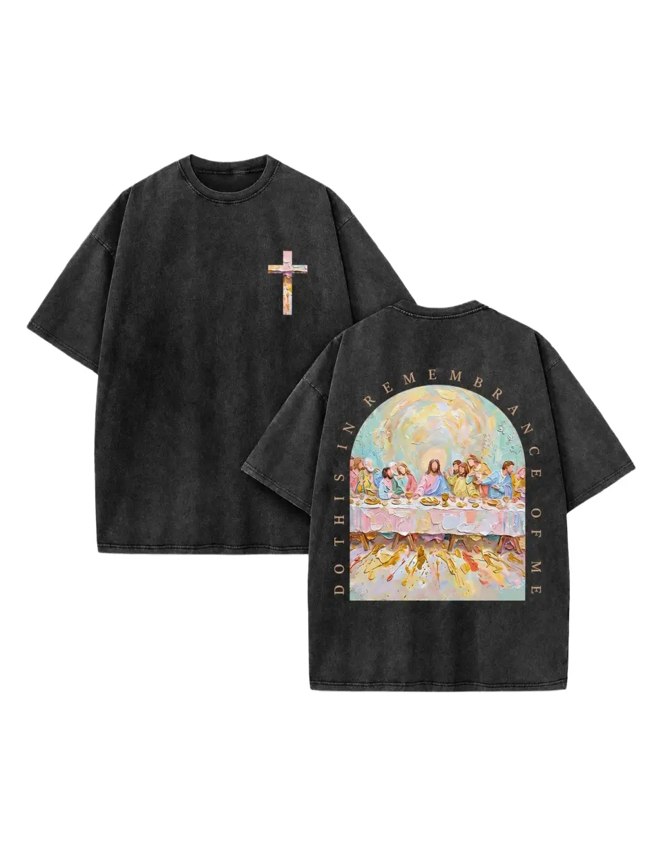 BACK TO SCHOOLMen's Cotton Oversized Round Neck Short-Sleeve T-Shirt - Christian Style Faith-Based Vintage All-Seasons Top, "Do This In Remembrance Of Me" Thick Impasto Oil Painting Double-Sided Washed Cross Chest Arch, Unisex Classic Casual Plus Size Dis