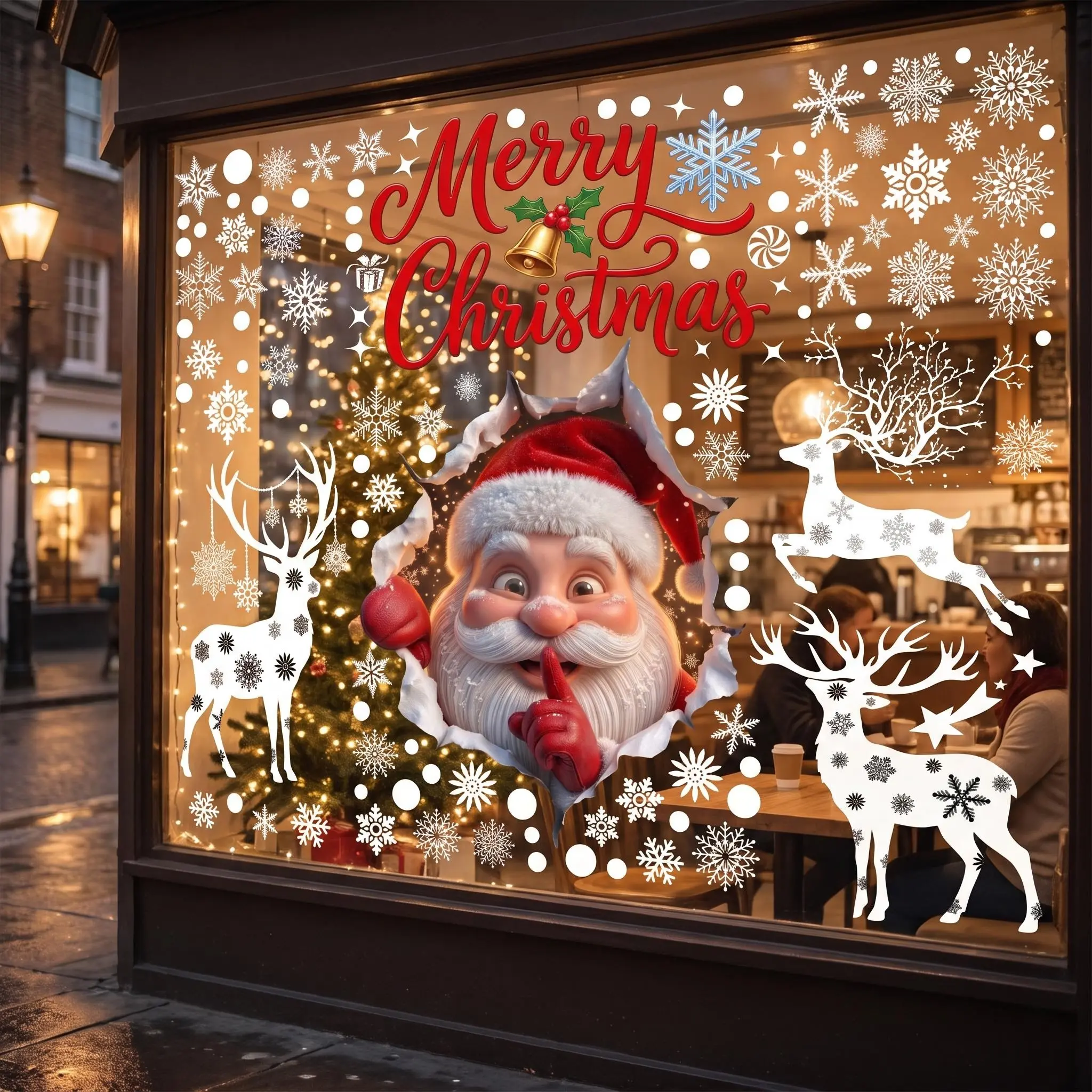 Large Double-Sided Reusable Wall Decor, Christmas Window Clings Stick, Indoor & Outdoor Xmas Decor. Santa Claus, Reindeer, Snowflake & Peppermint Removable Holiday Decals, Winter Window Decorations For Home & Christmas Party