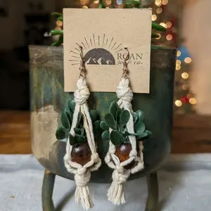 Roan Soap Co Lightweight Hanging Plant Macrame Stainless Steel Wood Bead Earrings