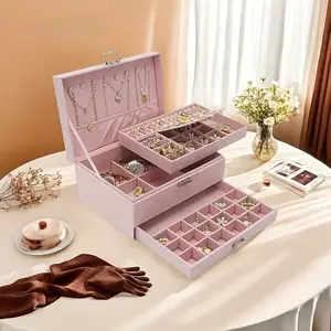 Drawer Jewelry Box Organizer, Velvet Interior Storage Case with Multilayer Storage and Multi Compartment Design for Earrings Necklaces Bracelets Rings, Ideal Gift for Women Girls