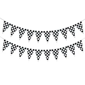 2PCS Checkered Flag Pennant Banner, Racing Car Theme Party Supplies, Party Decorations Banners, Black and White Checkered Garland for Race Day Birthday Decor, Sport Event Bunting, IndoorOutdoor Celebration