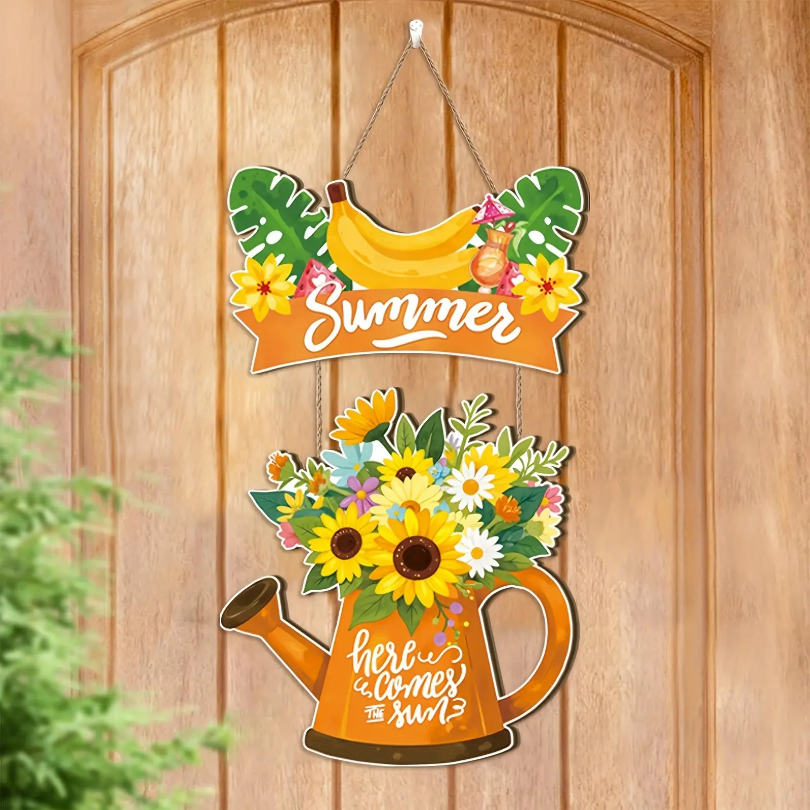 Wooden Hello Summer Sunflower Door Hanging Decor, Daisy Welcome Sign for Summer Porch Decoration, Outdoor Indoor Farmhouse Home Decor, Tropical Leaf Design