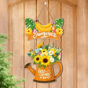 Wooden Hello Summer Sunflower Door Hanging Decor, Daisy Welcome Sign for Summer Porch Decoration, Outdoor Indoor Farmhouse Home Decor, Tropical Leaf Design