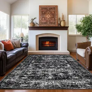 Black Washable Vintage Faux Wool Throw Bedroom Rug, 0.3 in Low Pile & Non-Slip Indoor Floor Carpet For Home Office, Kids Room, Bedside, 4x6, 5x7, 6x9, 8x10, 9x12 Feet