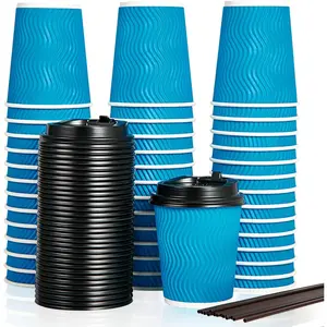 100 Count Insulated Ripple Wall Paper Oz Coffee Cups with Lids and Straws for Hot Drinks, To Go Cups