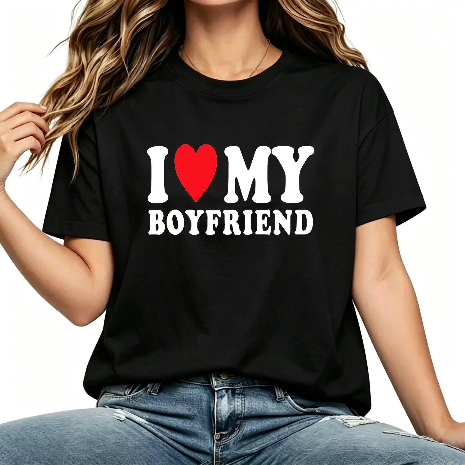 Lady's 100% Cotton Short-Sleeve Round Neck Streetwear Top, I Love My Boyfriend Heart Print Romantic Casual Graphic Tee for Women, Anniversary Gift