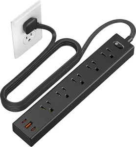 Flat Plug Power Strip, 6 Ft Ultra Thin Extension Cord, Surge Protector with 5 Outlets & 3 USB Ports (2 USB C), 1700 Joules, Wall Mount, Desktop  Station for Home Office Dorm, Black