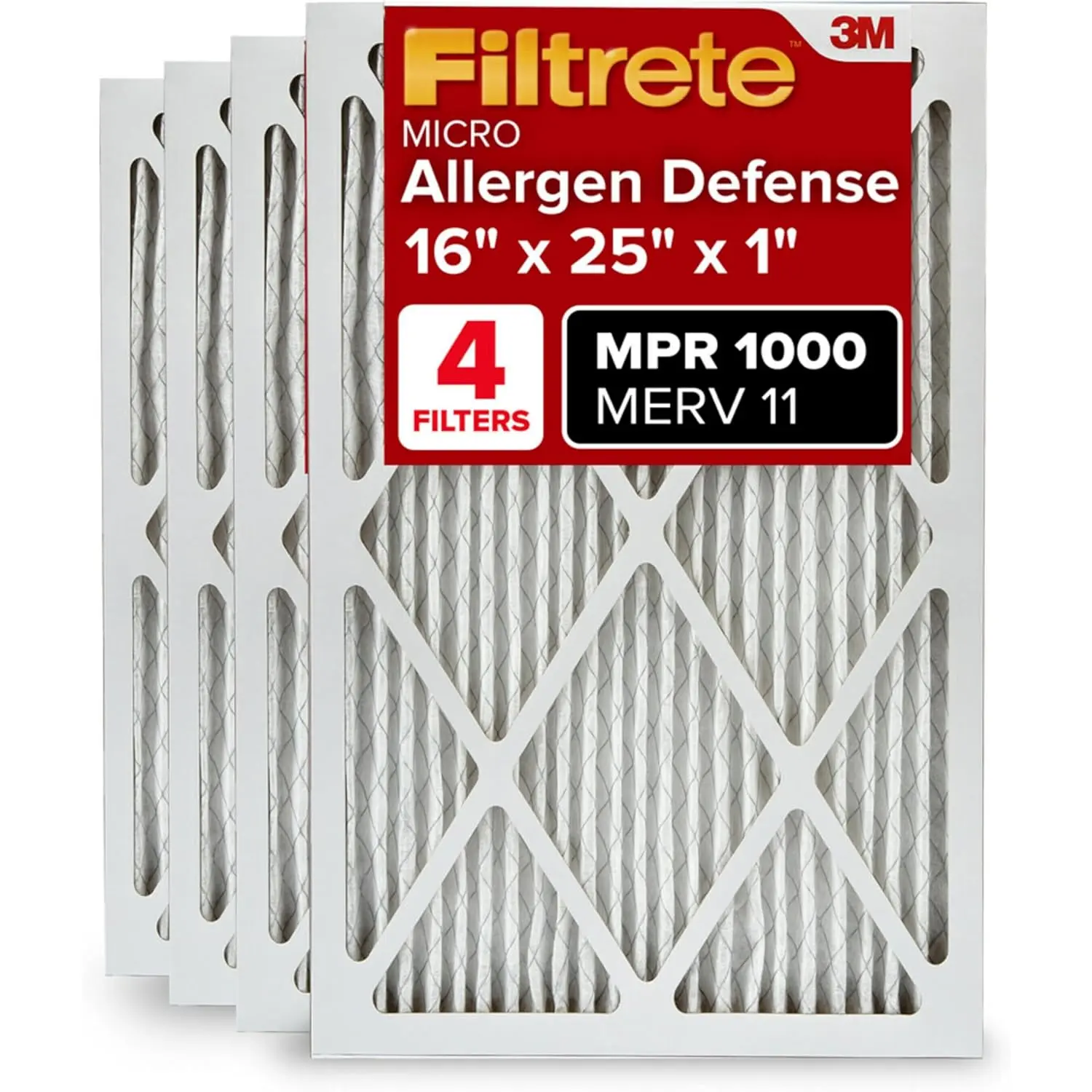 Filtrete 16X25X1 AC Furnace Air Filter, MERV 11, MPR 1000, Micro Allergen Defense, 3-Month Pleated 1-Inch Electrostatic Air Cleaning Filter, 4 Pack (Actual Size 15.69 X 24.69 X 0.81 In) 3M