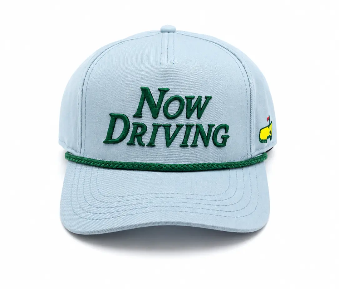 Rope Snapback Hat for Golf Enthusiasts, Unisex Cotton Baseball Cap with Adjustable Strap, Embroidered 'Now Driving' 2026 Masters Logo, Rope Hats