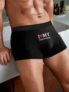 Men's Breathable Stretchy Boxer Briefs with "i Love My Girlfriend" Print, Comfortable Fit, Classic Black, Mid - Waist Heart Print Boxers, Ideal for Valentine's Day and Anniversaries, Daily Casual Underwear