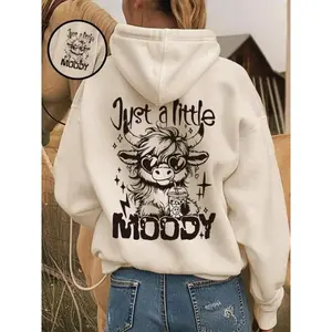 Women's Cartoon Highland Cow Print Hoodie, Casual Thermal Lined Long Sleeve Hooded Sweatshirt for Fall & Winter, Women's Clothes for Daily Wear