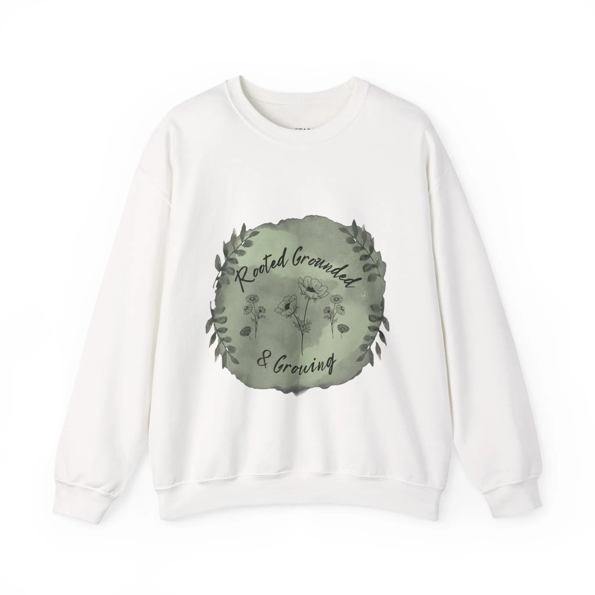 Rooted Grounded & Growing crewneck sweatshirt | botanical circle, green watercolor