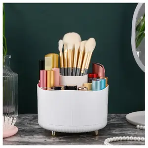 360 Degree Rotating Makeup Brush Holder Organizer, Large Cosmetic Storage Box, 5 Slots (White1)