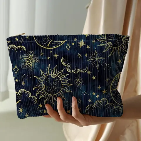 Star & Moon & Sun Pattern Makeup Bag, Casual Lightweight Multi-functional Cosmetic Bag, Zipper Makeup Organizer Pouch for Travel & Daily Use, Travel Cosmetic Bags, Cosmetic Storage Bag, Travel Beauty Bag, Cosmetics Bag