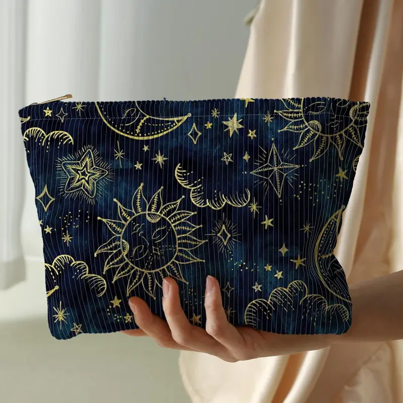 Star & Moon & Sun Pattern Makeup Bag, Casual Lightweight Multi-functional Cosmetic Bag, Zipper Makeup Organizer Pouch for Travel & Daily Use, Travel Cosmetic Bags, Cosmetic Storage Bag, Travel Beauty Bag, Cosmetics Bag
