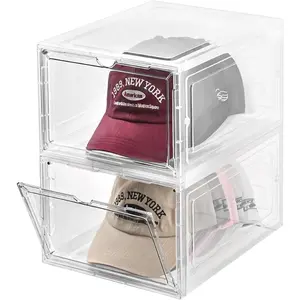 Hat Organizer Box Stackable Clear Baseball Caps Holder Containers with Magnetic Door for Snapback Cap Storage, Holds 20 Hats, clear 2 pack
