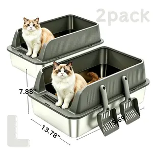 Petwhole 2-Pack Solid Stainless Steel Cat Litter Box with Lid, High-Sided Kitten Size Tray for Adult Cats, Leak-Proof, Odor-Free, Stain-Resistant, Rust-Resistant, Easy-to-Clean with Scoop