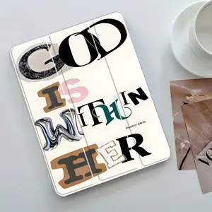 "God Is Within Her" Religious Text Design Three-Tier Stand iPad Case,Transparent Acrylic Hard Back,Pencil Slot & Charger Port, Accessories,Fits iPad 7.9/8.3/10.2/10.5/10.9/11/12.9 inch,Shock-resistant Full Cover Case Suitable for Offices Schools Homes