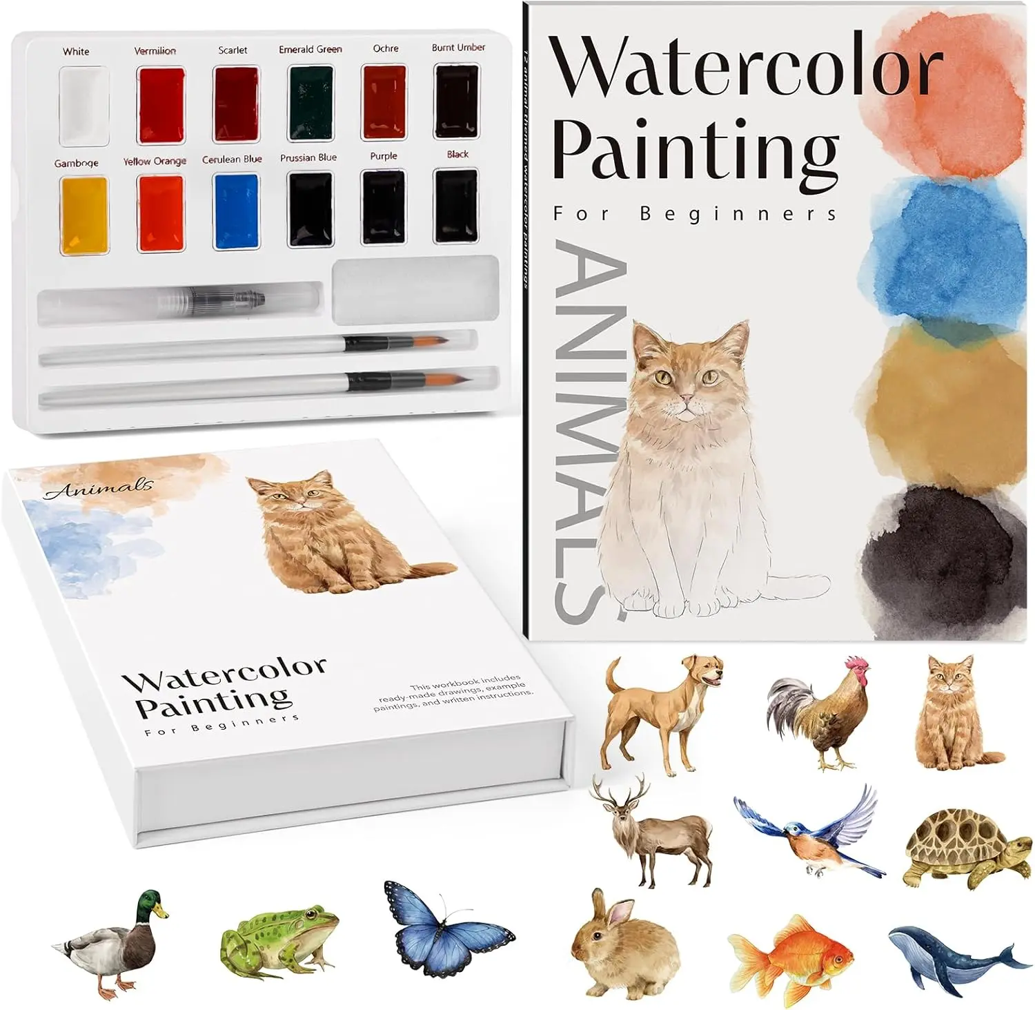 Watercolor Animal Workbook, Beginner Watercolor Paint Set, Arts & Crafts Coloring Book for Adults and Teens with 12-Color Paint Set & Brush