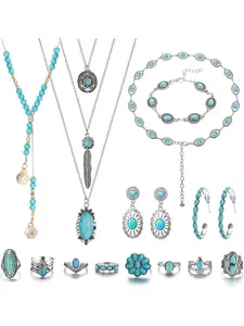 1-piece Suit Bohemian Turquoise Jewelry Female Male Western-style Suit Adjustable Belt Ring Necklace Retro Earrings Bracelet Bohemian Turquoise Jewelry Female Jewelry Set
