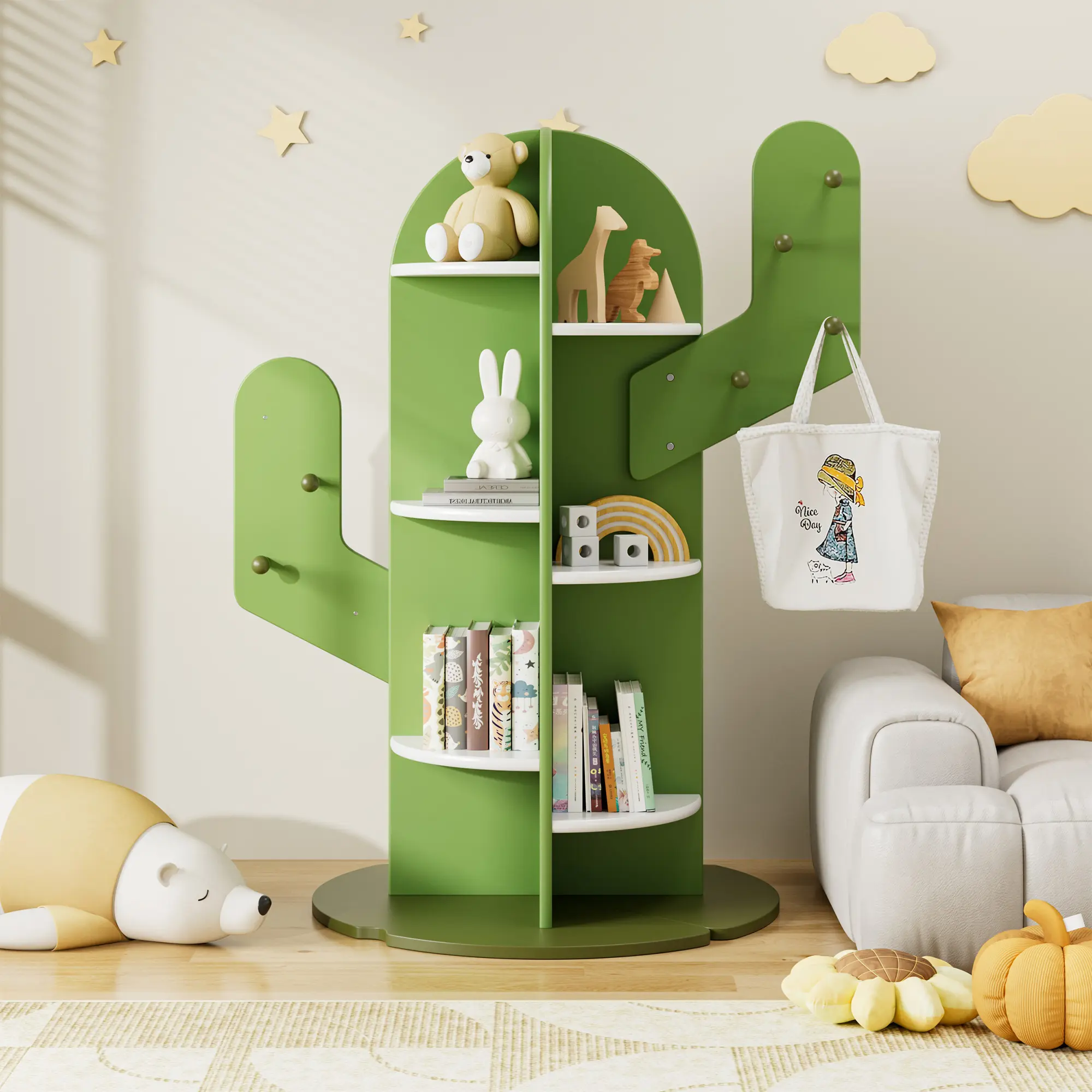 NOVAMAISON Tree Child 6-Tier Montessori Bookshelf with Hooks, Wooden Children's Bookcase for Toy and Book Storage, Playroom and Nursery Organization Cabinet in Green