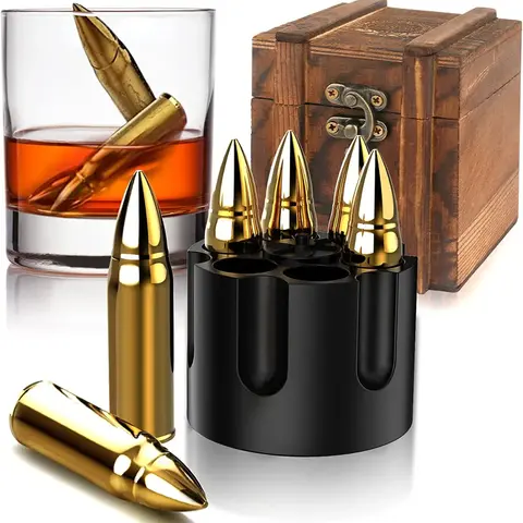 HittCraft Metal Whiskey 6-Stone Set - Corrosion Resistant Bar Cocktail Utensils, 1 Freezer Revolver Base, 1 Wooden Storage Box (4In. X 3In. X 3In.), Unique Gifts for Man, Reusable Chillers That Keeps Beverage Cold