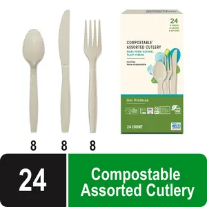 Our Promise Compostable Assorted Cutlery Beige 24 Count Includes 8F 8S 8K Spoons Knives Forks Eco Friendly Biodegradable Utensils