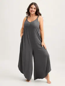 BLOOMCHIC Supersoft Cami Curvy Hem Wide-Leg Jumpsuit Dark Gray Sleeveless Deep V-neck Fitted Maxi Dress Casual Basic Overalls Pocket Minimalist Dimgray 2026 Spring Break Gift For Easter's Day Mother's Day