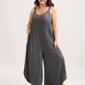 BloomChic Plus Size Mom's Soft Fabric Sleeveless Deep V-Neck Cami Jumpsuit - Casual Fit, Low Iron, Wide Leg Flowy Pants Romper, Soft Stretch Elegant Summer Wear with Pockets