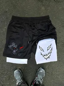 Men's Two-Piece Monster Mouth Shorts, Anime Demon Evil Face Print, Drawstring Waist Street Style Casual Gym Shorts