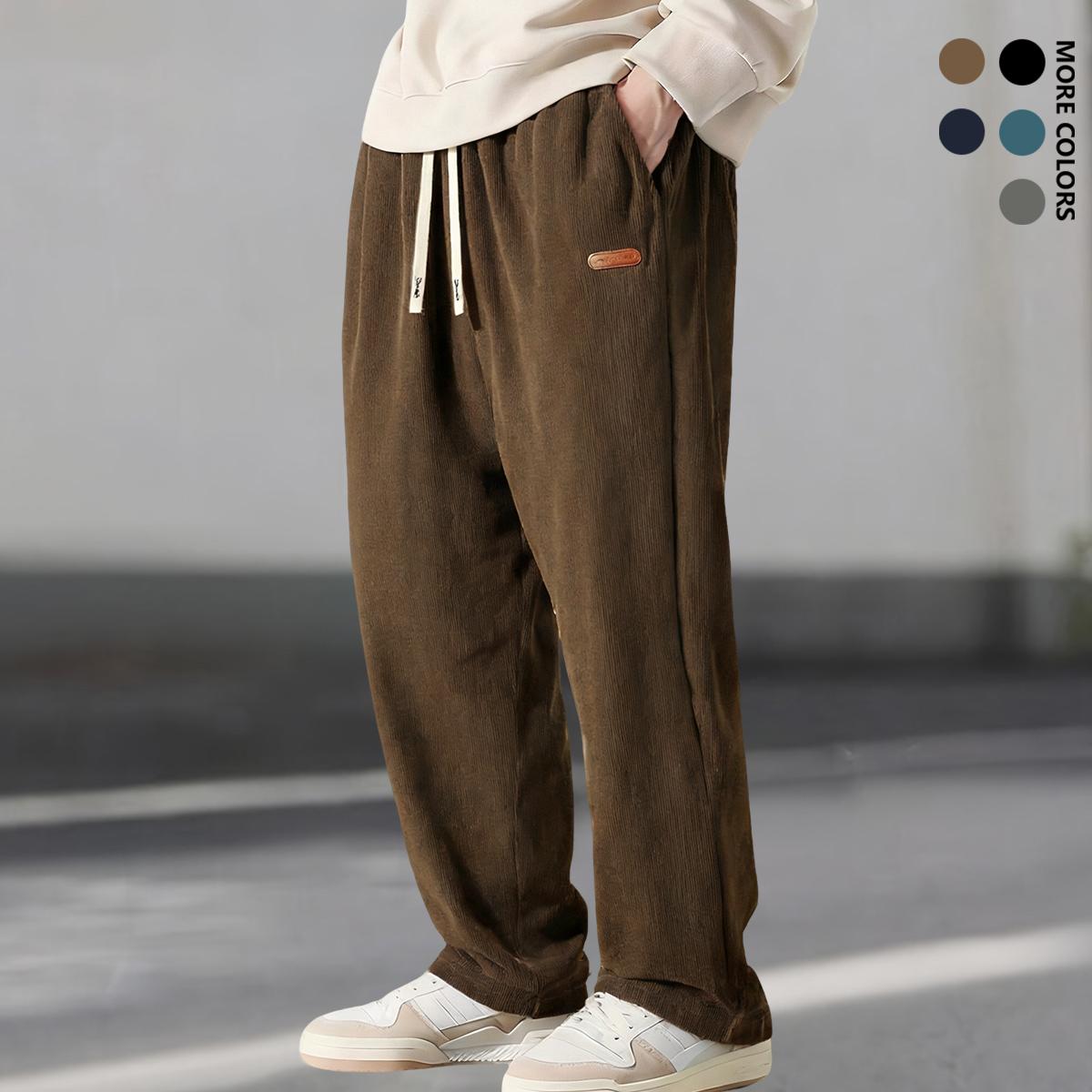 Men's corduroy casual pants, loose straight fit with side pockets and retro texture, perfect for everyday wear, suitable for gym, running, and activities; men's athletic pants