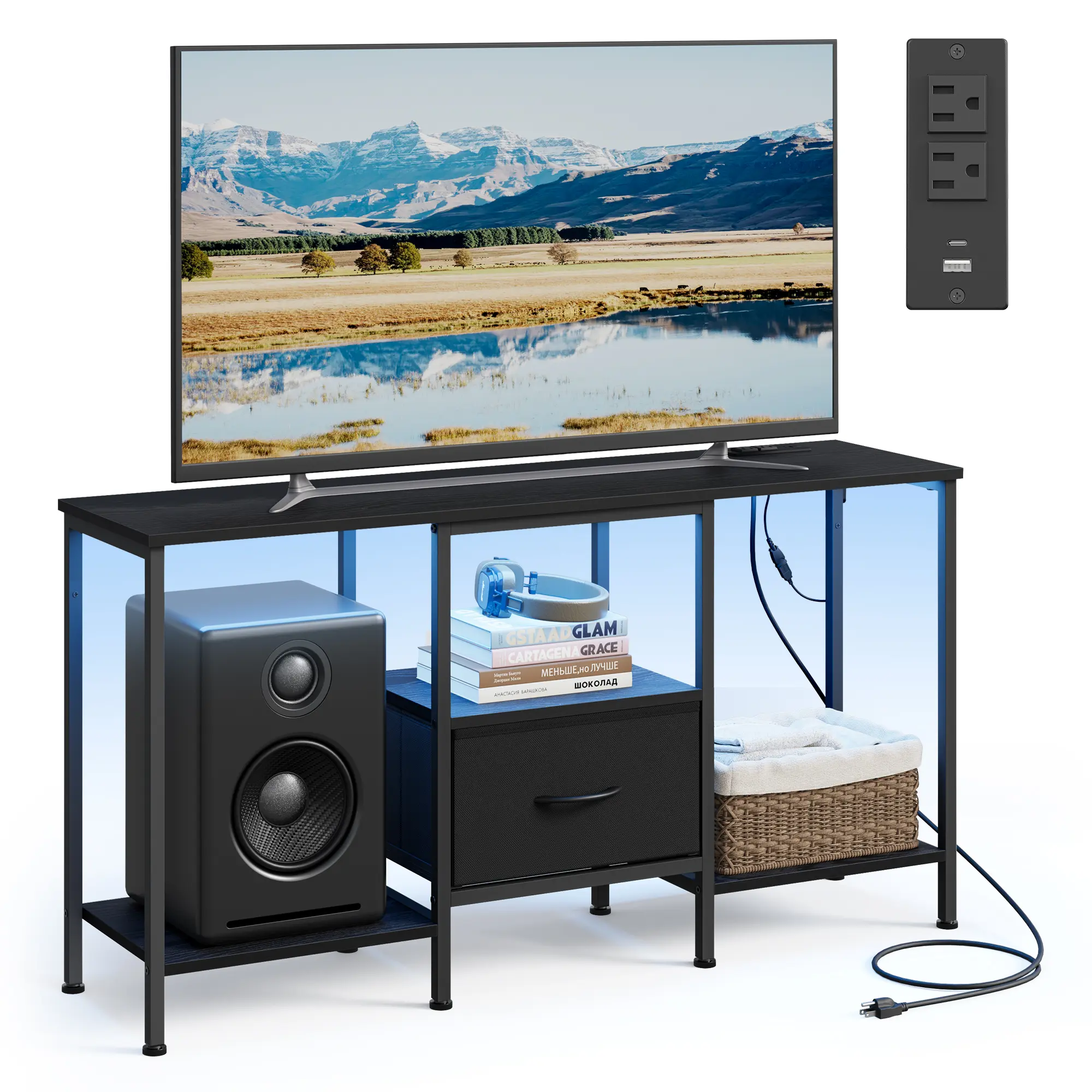 SONGMICS - TV Stand for TVs Up to 55 Inches, Media Console Table and Entertainment Center Unit for Living Room, with Shelves and Drawer, Steel, Modern
