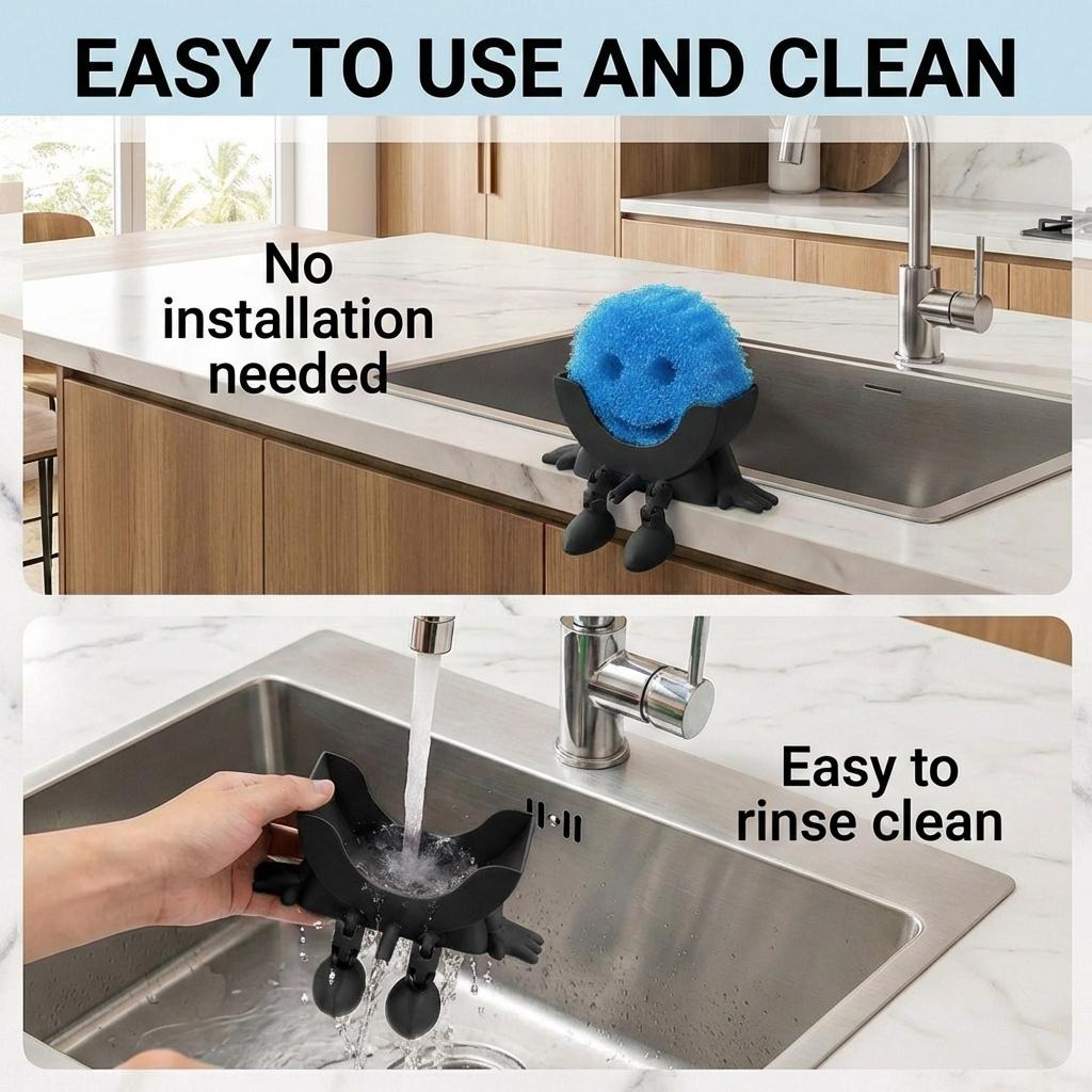 Creative Hanging Sponge Holder with Drainage & Traceless Adhesive, Funny 3D Printed Kitchen Sink Sponge Organizer, Keeps Sponge Dry, Clean & Easy to Reach, Perfect for Scrub Daddy