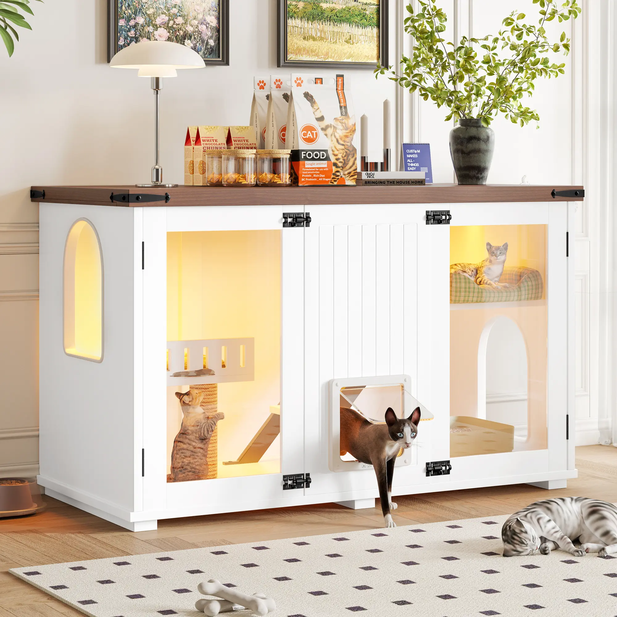 47.25 Inches Modern Acrylic Hidden Cat Litter Box Enclosure, Living Room Side Table Cat Cabinet with 4-Mode Locking Door, Stairs, Scratching Post, Odor Control LED Light, Easy Monitoring, Clean Home Products, Stylish